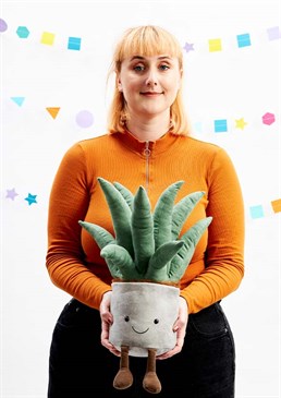 Amuseable Aloe Vera is a very silly succulent, full of soothing snuggles. With neat cordy boots, velvety green fronds, a suedey grey pot and fluffy cocoa soil, this punky plant's the perfect housewarming gift!